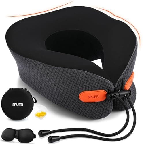 Travel Neck Pillow for Airplane, Memory Foam Airplane Pillow with 360° Adjustable Neck Support for Long Flights, Road Trips & Train Rides, 3D Eye Mask, Earplugs & Carry Case(Black&Gray)
