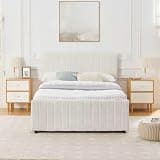DaylayLumen Full Size Daybed with Trundle, Chenille Upholstered Pullout Bed Frame, Vertical Striped High Padded Backrest, Space Saving Full Bed with Trundle, Beige