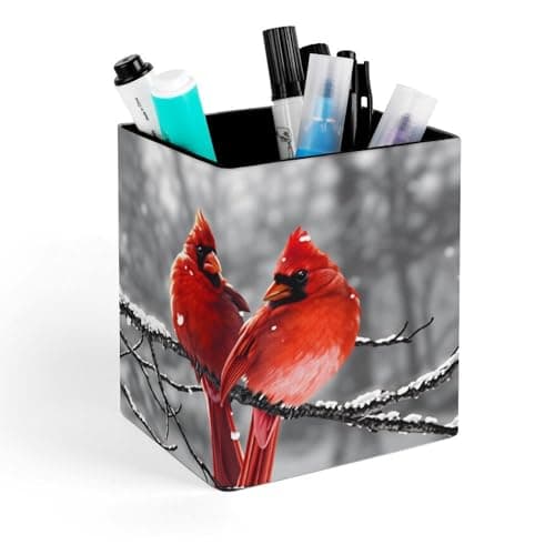 SUDZZLPY Cardinal Christmas Red Bird Pencil Holder, Makeup Brush Holder, Desktop Organizer Leather Pen Storage Home Decor for Desk Bathroom Office