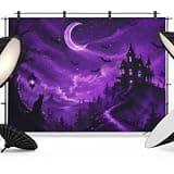 Purple Halloween Backdrop 10x8ft Horror Black Castle Trees Cloud Photography Backdrop Fabric Photoshoot Background Tapestry Banner for Birthday Baby Shower Decoration Party Video Photo Studio Props