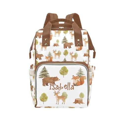 COWSROCK Personalized Diaper Backpack for Mom, Custom Name Baby Bag Backpack, Waterproof Diaper Bag with Multi Compartments, Woodland Animals Design, Gift for Baby Shower