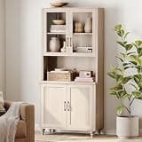 WAMPAT 72" Tall Bookcase with Glass Doors & Adjustable Shelves, Large Farmhouse Display Book Shelf with Bar Cabinet, Library Wood Bookshelves for Living Room,Kitchen, Light Oak