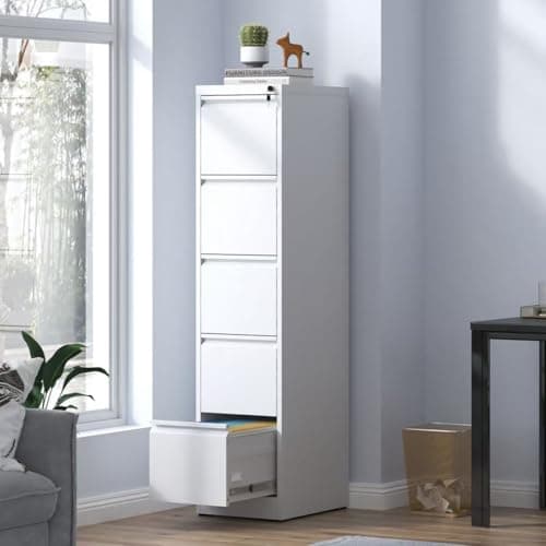 AKHLSASK 5 Drawer Metal Vertical File Cabinet with Lock, Powder-Coated Steel Filing Cabinet for Home Office, Anti-Tilt Office File Cabinet for Letter/Legal/A4 Size (White)