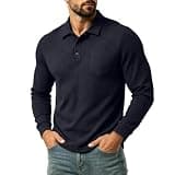 Mens Ribbed Knit Polo Shirt Button Front Long Sleeve Loose Fit Soft Shirts Casual Business Fall Winter Sweater Tops Navy
