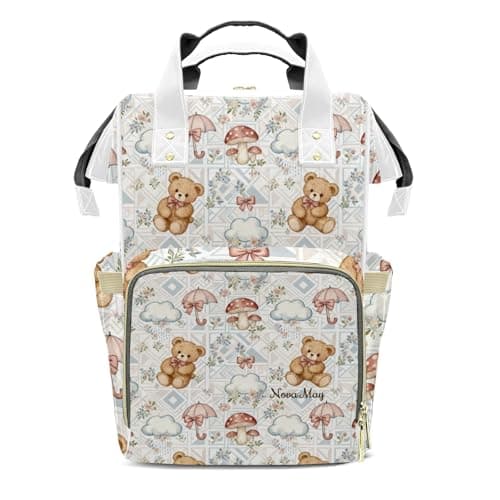 LiSoAkWE Personalized Diaper Bag Cute Bear Clouds Mushrooms Nursing Baby Bags Nappy Bag with Name Casual Travel Nappy Backpack with Thermal Pockets Customized