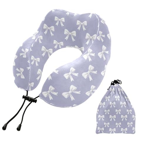 Burbuja White Satin Bows Neck Pillow for Traveling, Memory Foam Travel Pillow for Sleeping Airplane Car Head Support, Machine Washable & Portable