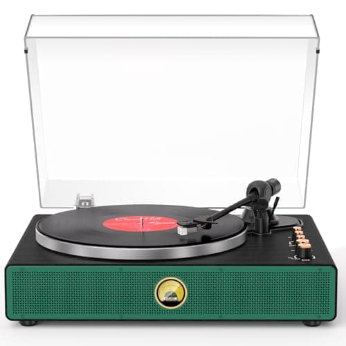 Bluetooth Record Player with AT-3600L Cartridge, Vinyl Turntable with USB to PC Recording, Aluminum Platter, Phono Preamp, Belt-Drive 2-Speed, VU Meter, RCA Out, Vintage Wooden Home Decor, Black