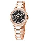 OLEVS Black Watch for Women Luxury Diamond Bezel Rose Gold Ladies Wrist Watches Stainless Steel White Ceramic Band Waterproof Quartz Chronograph Female Dressy Wristwatch