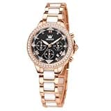OLEVS Black Watch for Women Luxury Diamond Bezel Rose Gold Ladies Wrist Watches Stainless Steel White Ceramic Band Waterproof Quartz Chronograph Female Dressy Wristwatch
