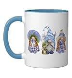 Lavender Gnome Spring is Coming Gardening Three Purple Gnome Ceramic Mug, Blue/White, 11oz
