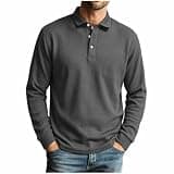Men's Waffle Polo Shirts Long Sleeve Lapel Collar Button Down Pullover Tops Business Casual Office Work T-Shirt Gray