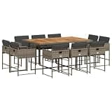Makastle 11-Piece Patio Dining Set with Cushions, Gray, 65" x 41.7" x 28.7", PE Rattan and Acacia Wood, Rectangular