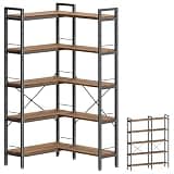 Huuger 5 Tier Bookshelf, L Shaped Corner Bookshelf with 10 Open Shelves, 49.4 Inch Straight Wide Bookcase with Metal Frame and Wooden Board, Adjustable Feet, Rustic Brown