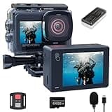 Apexcam X80PRO Dual Screen Action Cam 4K60FPS 8X Zoom EIS 48MP with 64GB Card Ultra HD WiFi Sports Camera, Underwater Camera 2.4G Remote Control, 2X Batteries for Snorkel, Travel, Motorcycle, Bicycle