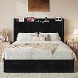 SHA CERLIN Full Size Bed Frame, Chenille Fabric Upholstered Platform Bed with Wingback Storage Headboard and USB & Type-C Charging Ports, No Box Spring Needed, Easy Assembly, Black
