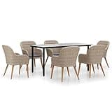 Kaorsrow 7-Piece Garden Dining Set, Brown Poly Rattan Outdoor Furniture with 6 Ergonomic Armchairs and Rectangular Glass Top Table, Solid Acacia Wood Legs for Patio and Backyard