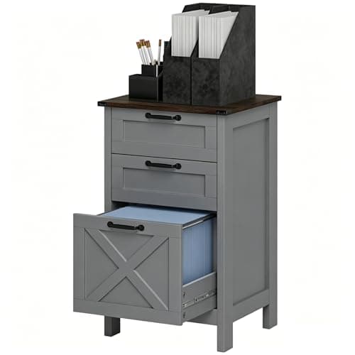 YTHFGZ 2-Drawer Vertical File Cabinet with Barn Door, Farmhouse Honey Brown, Fits A4/Letter/Hanging Folders, Anti-Tipping, Silent Slides, Printer Stand for Home Office (Gray, 3 Drawers)