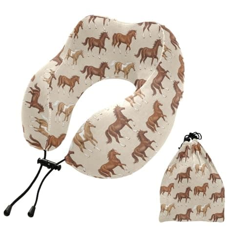 SPRIPORT Horses Beige Print Travel Neck Pillow for Sleeping Airplane Memory Foam Neck Support Pillow with Storage Bag Head Support Pillow for Adults Kids Home Office Long Flight Car Train Bus