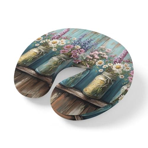 ZRNLTDGHK Neck Pillow Daisy Lavender Flowers Travel Pillow Memory Foam U Shaped Pillows, Blue Retro Wood Background Travel Neck Pillows for Airplane Car Office Home Sleeping Rest