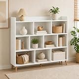 Furevol 10-Cube Bookcase, Cube Storage Organizer Bookshelf with Wood Legs, Mid Century Style Book Shelf, 9.5 x 55.1 x 46, for Bedroom, Living Room, Home Office, White