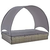 YUOGHRTFE 2-Person Adjustable Sun Lounger with Canopy, PE Rattan Double Sunbed with Removable UV-Proof Canopy, Powder-Coated Steel Frame, Water-Repellent Polyester Cushions, Gray