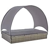 YUOGHRTFE 2-Person Adjustable Sun Lounger with Canopy, PE Rattan Double Sunbed with Removable UV-Proof Canopy, Powder-Coated Steel Frame, Water-Repellent Polyester Cushions, Gray