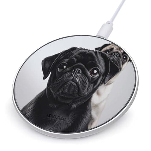 Cute Black Pug Dog Wireless Charger with Aluminum Alloy Frame Qi Certified Fast Wireless Charging Pad 10W Charging Station Portable Phone Charger for All Wireless Charging Phone