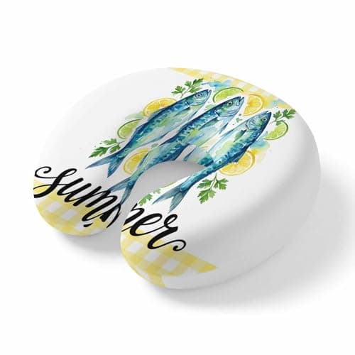 ZRNLTDGHK Neck Pillow Summer Lemon Fish Mint Travel Pillow Memory Foam U Shaped Pillows, Ocean Life Fruit Yellow Buffalo Plaid Travel Neck Pillows for Airplane Car Office Home Sleeping Rest