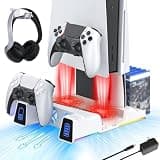 NexiGo Slient Cooling Stand with RGB LED Light, Dual Charging Station Compatible with DualSense Edge Controller, Hard Drive Slot, Headset and Remote Holders, 10 Game Slots, White