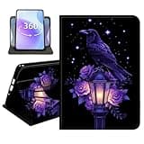 JANENFNA Slim Folio Case Compatible with Samsung Galaxy Tab A9/A11 8.7", 2024/2026, PU Leather 360 Rotating Stand Cover, Protective TPU Bumper, Slim Tablet Cover, Black Raven with Lantern