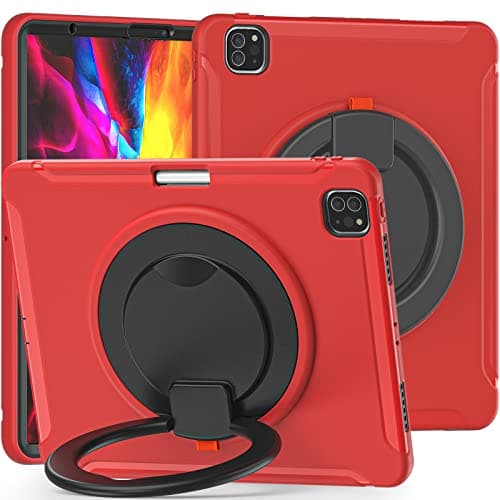 for iPad Pro 12.9 2018/2020 Kids Case, 360° Rotatable Handle Stand Case Heavy Duty 3-Layer Hybrid TPU Full-Body Shockproof Case,Black+Red