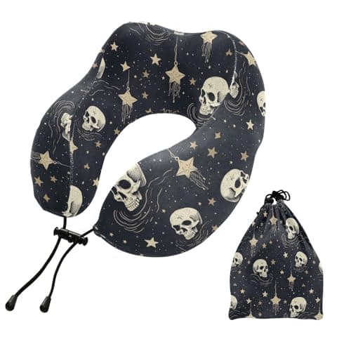 ALAZA Skull Moon Stars Travel Neck Pillow Memory Foam Neck Pillows with Storage Bag,Soft Travel Pillow for Sleeping Travel Airplane Car Office Home
