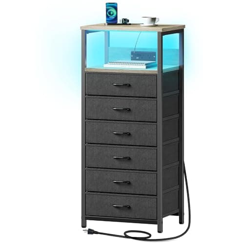 Seventable Night Stand with Charging Station, Tall Nightstand with 6 Fabric Storage Drawers, Side Table with LED Light for Bedroom, Entryway, Greige