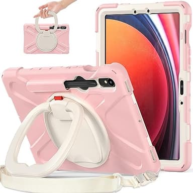 FGIONMRP Shockproof Heavy Duty TPU Case for Samsung Galaxy Tab S9 11 Inch 2023 X710/X716B/X718U,Rotating Kickstand Handle Shoulder Strap,Protective Cover Drop-Proof Shock-Proof(Cherry Blossom Powder)