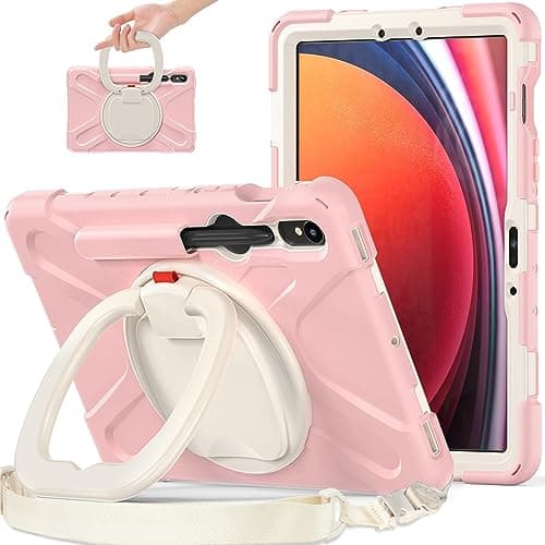 FGIONMRP Shockproof Heavy Duty TPU Case for Samsung Galaxy Tab S9 11 Inch 2023 X710/X716B/X718U,Rotating Kickstand Handle Shoulder Strap,Protective Cover Drop-Proof Shock-Proof(Cherry Blossom Powder)