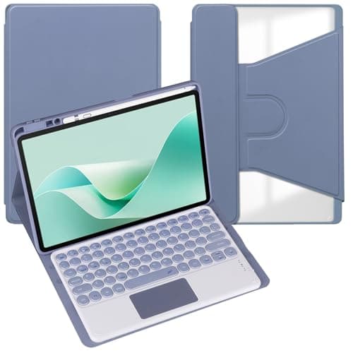 Case for Samsung Galaxy Tab S7/S8/S9 11inch Tablet,Detachable Wireless Bluetooth Round Keycap Keyboard 360Degree Rotating Acrylic Transparent Back Cover with Pen Holder (Purple,Touchpad)