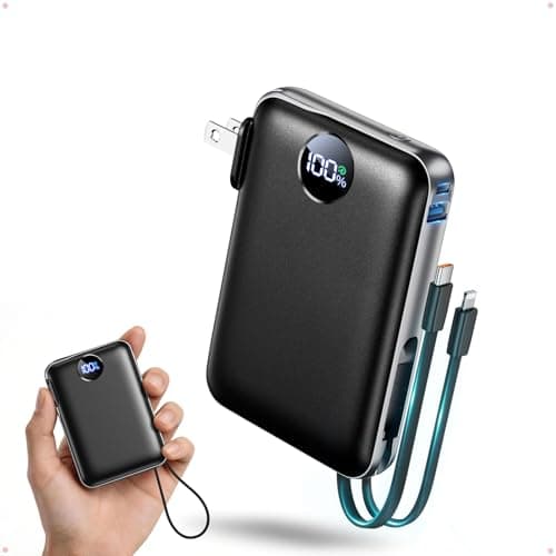 Portable Charger with Built-in Cables & Wall Plug, 10000mAh Power Bank, 4 Outputs 22.5W USB C Fast Charging, Mini Travel Essentials Battery Pack with LED Display for iPhone/iPad/Samsung etc Black