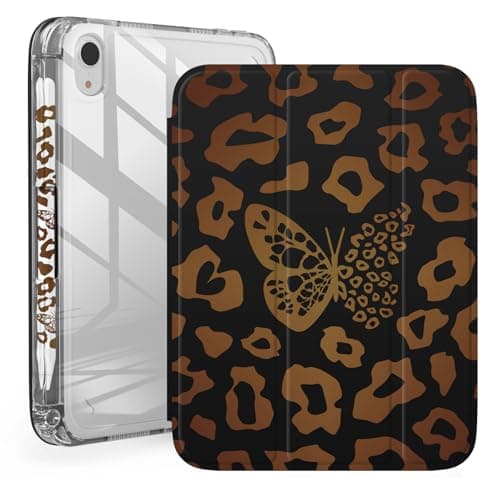 Pelindrons Shockproof iPad mini 6/7 Case with Pencil Holder - 3-Fold Stand, Auto Wake/Sleep, Cute Kawaii Pattern Cover for Women & Girls (Brown Leopard Print Butterfly)