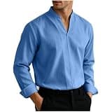 Auwer Mens Stand Collar Business Shirts Long Sleeve Tees V-Neck Lightweight Dress Workwear Office T-shirts S-3XL