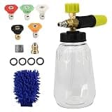 1 L / 33.8 fl oz Pressure Washer Foam Cannon Kit with 5 Quick-Connect Nozzles, PA Bottle, Brass Atomizing Nozzle & Filter, Washer Cannon Kit for Car Washing, Vehicle Cleaning, Transparent
