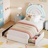 Garvee Twin Size Upholstered Bed Frame with LED Rainbow Headboard & 2 Large Storage Drawers,Princess Plateform for gils - Soft & Berber Fleece, Plain Wood Slats, No Box Fresh Needed, White, Twin
