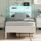 Honorego Twin Bed Frames with Storage Headboard, LED Lights & Charging Station, Metal Platform Bedframe with Wood Shelf, Under Bed Storage, No Box Spring Needed, Easy Assembly, White