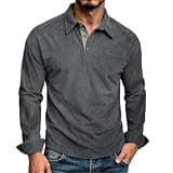 Mens Corduroy Polo Shirts Button Front Long Sleeve Loose Fit Blouses Fall Winter Casual Business Pullover Tops Dark Gray
