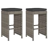 DXKDUSOKJ 2 Pack Patio Bar Stools with Cushions Gray Poly Rattan, Outdoor Bar Stools with Powder-Coated Steel Frame, Removable Washable Cushion Covers