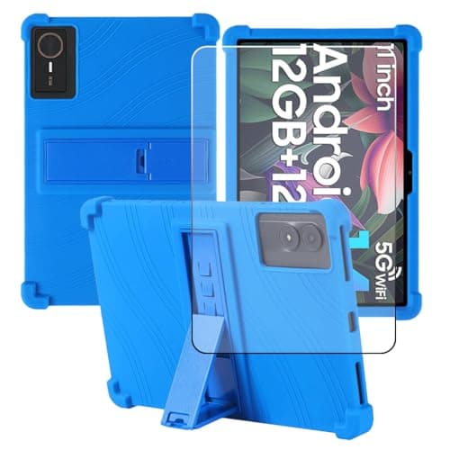 CongJiaLingXi Compatible for Urao X109 10.1 Inch Tablet Case + Screen Protector Tempered Glass Film, Soft Silicone Full Coverage Adjustable Stand Tablet Cover, Blue