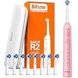 Bitvae R2 Rotating Electric Toothbrush for Adults with 8 Brush Heads, 5 Modes Rechargeable Power Toothbrush with Pressure Sensor, Pink