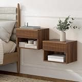 Floating nightstand Set of 2,Modern Fluted Bedside Tables with Drawer & Open Shelf Brown