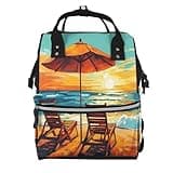 Fuzquwu Beach Umbrella Sunset Print Diaper Bag Backpack,Travel Daypack For Mom Dad,Diaper Tote Backpack
