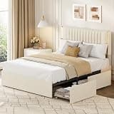 Garvee Upholstered Full Size Bed Frame with Adjustable Headboard, Luxury Golden Tufted Platform Bed with 4 Storage Drawers, Wooden Slats Support, No Box Spring Needed, Easy Assembly - Beige
