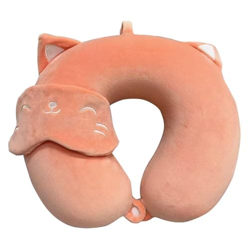 Sexysamba Cute Travel Pillow for Kids & Adults with Sleep Eye Mask - Memory Foam Sleeping Head Support Neck Pillows with Breathable Cover for Toddlers & Children Long Flights Car Rides,Pink Cat